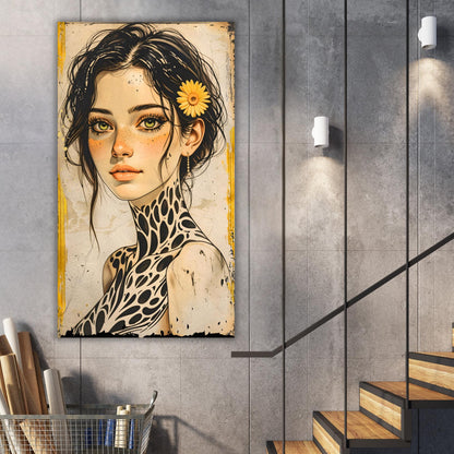 Large Boho Portrait Canvas Art Unique Feminine Wall Decor, Wildflower Girl Mural, Modern Vintage Illustration, Oversized Statement Artwork