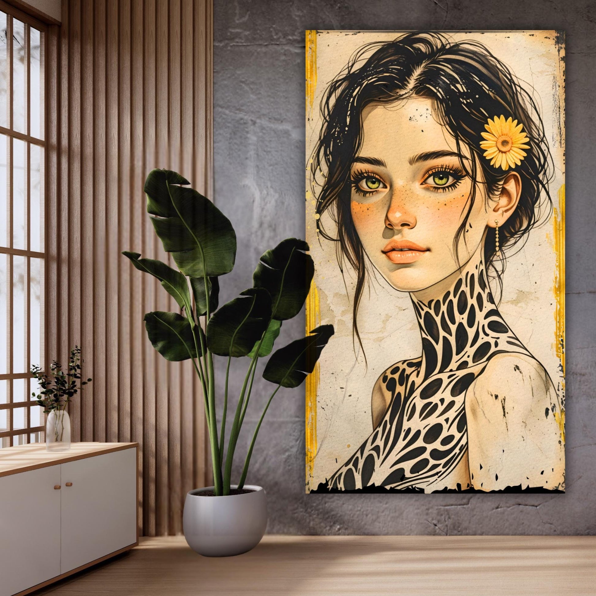 Large Boho Portrait Canvas Art Unique Feminine Wall Decor, Wildflower Girl Mural, Modern Vintage Illustration, Oversized Statement Artwork