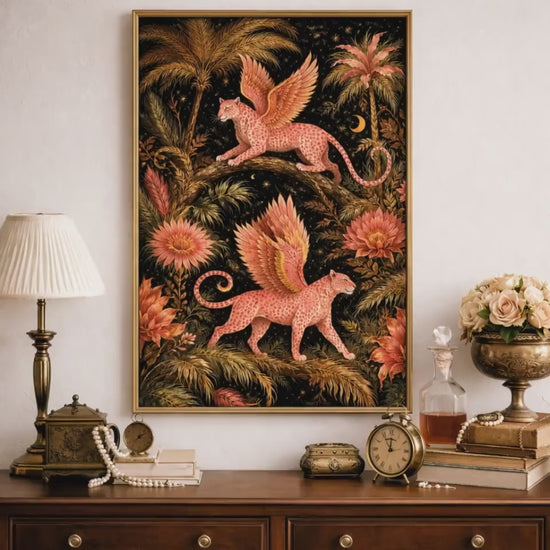 Large Fantasy Leopard Canvas Art, Large Statement Wall Art, Pink Winged Leopard Jungle Art Botanical Decor, Unique Oversized Dramatic