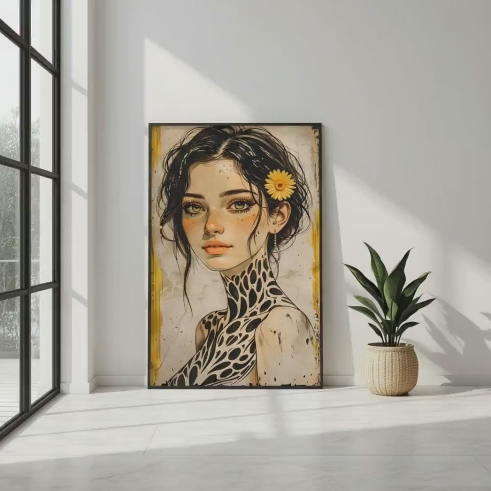 Large Boho Portrait Canvas Art Unique Feminine Wall Decor, Wildflower Girl Mural, Modern Vintage Illustration, Oversized Statement Artwork